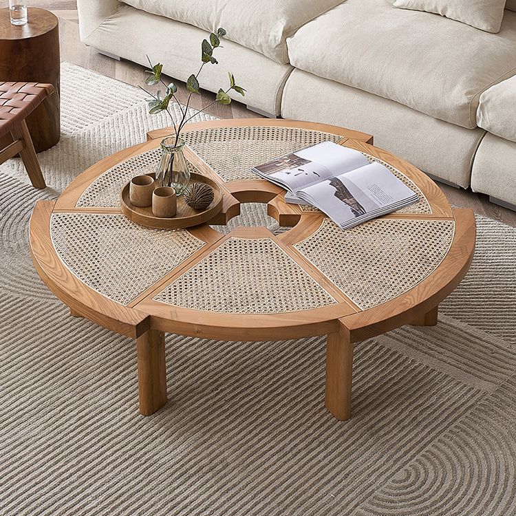 Scandinavian Rattan Cocktail Table Round Wooden Cocktail Table for Living Room
