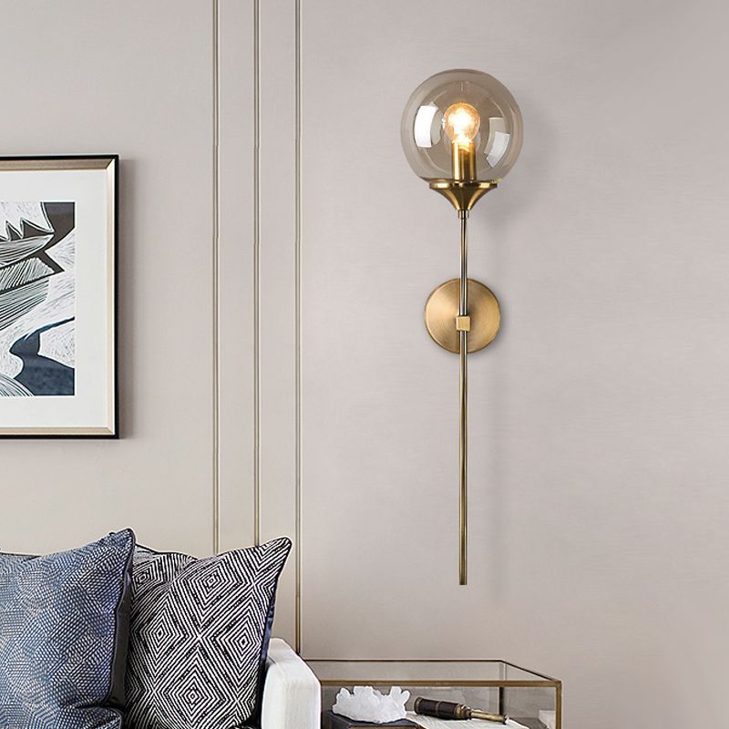 Simple Single Bulb Wall Mounted Lamp with Amber/Smoke Gray Glass Brass Sphere Sconce Light Fixture