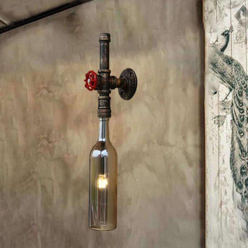 Glass Wine Bottle Wall Lighting Rustic Industrial 1 Light Restaurant Blue/Clear Wall Sconce Light with Red Valve