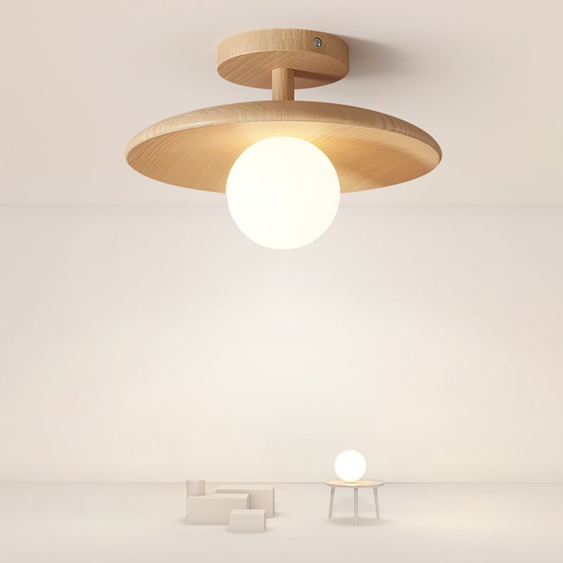 1-Light Ceiling Light Wooden Ceiling Mount Light with Glass Shade for Bedroom