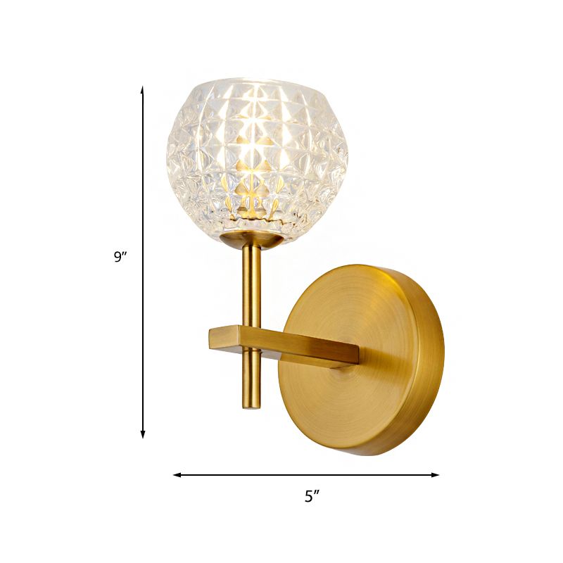 1/2-Light Wall Sconce Modern Orb Clear Grid Glass Sconce Light with Clean-Lined Arm in Gold for Hallway