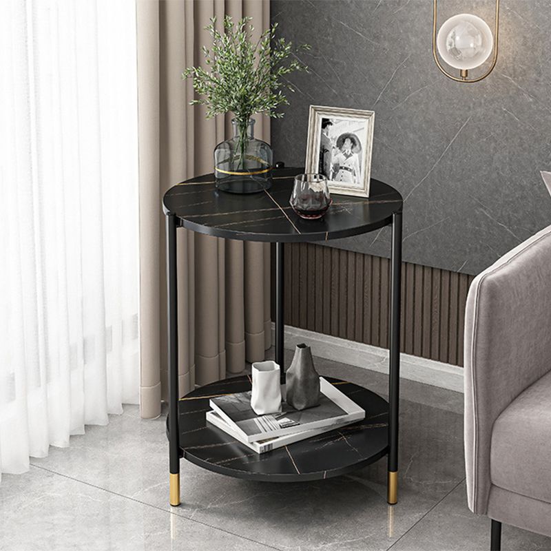 Faux Stone Round End Table Shelf Included Side Table in Black/Grey
