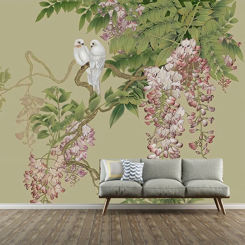 Romantic Wisteria Mural Wallpaper for Gallery, Green and Purple, Made to Measure
