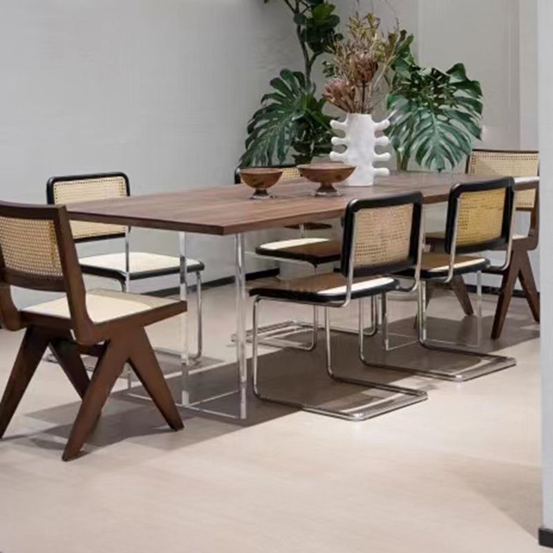 Modern Rectangular Brown Walnut Top Dining Table with Acrylic Clear Double Pedestal