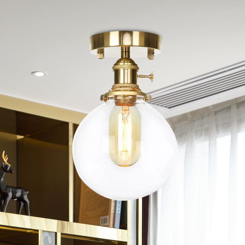 Brass One Bulb Ceiling Lighting Farmhouse Clear/Amber Glass Globe Semi Flush Light for Dining Room