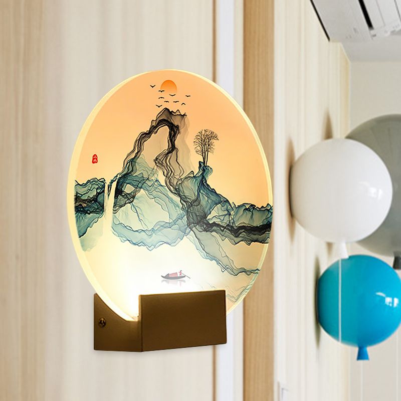 Blue Rounded Wall Mural Lamp Chinese Style LED Acrylic Wall Light Fixture with Mountain and Sun Pattern