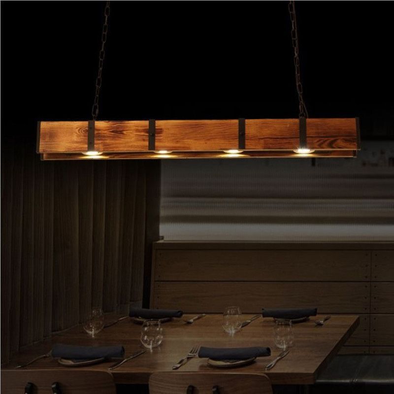 Rectangular Wooden LED Island Pendant Light in Industrial Vintage Style Wrought Iron Ceiling Light in Log Color