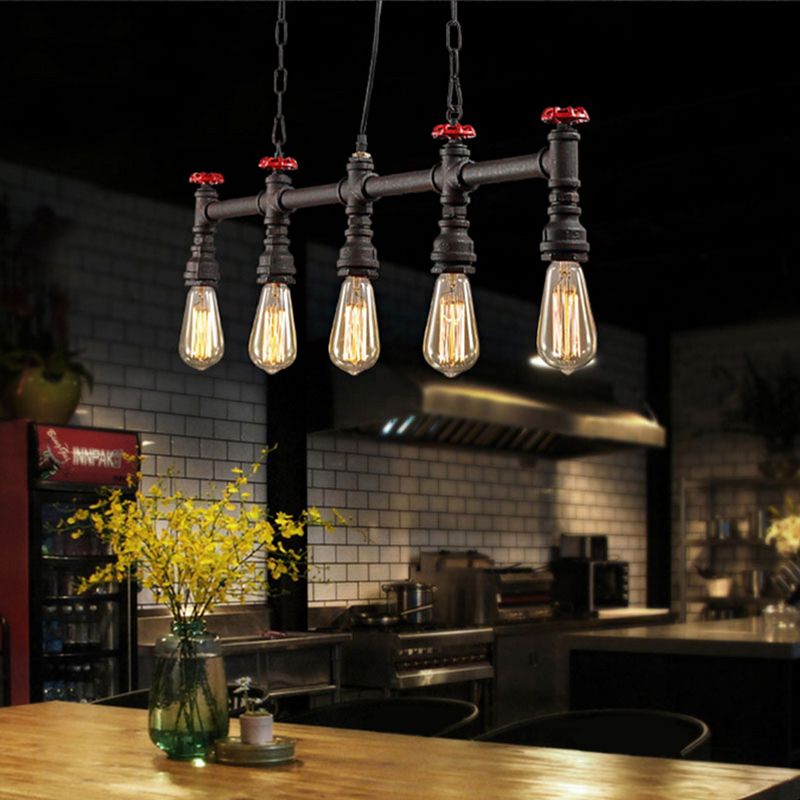 Iron Bare Bulb Island Lighting Industrial 5-Head Dining Room Adjustable Ceiling Light Fixture with Pipe and Valve