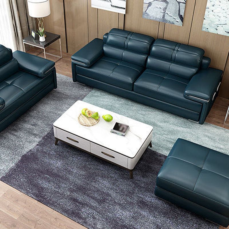 Genuine Leather Sectional 34.65"High Pillow Top Arm Sofa with Storage, Blue