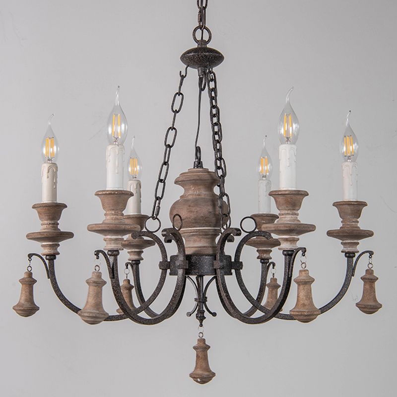 Wooden Brown Chandelier Candle Style 6-Light French Country Suspension Light