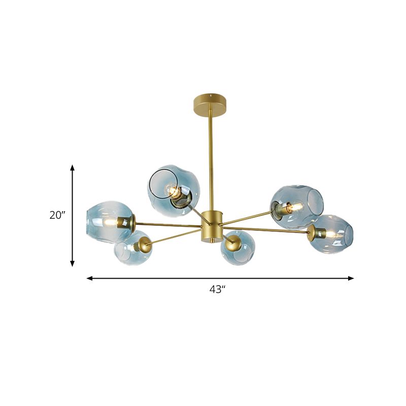 Gold Branch Chandelier Lighting Post Modern 6/8 Lights Light Blue/Clear/Amber Glass Ceiling Suspension Lamp