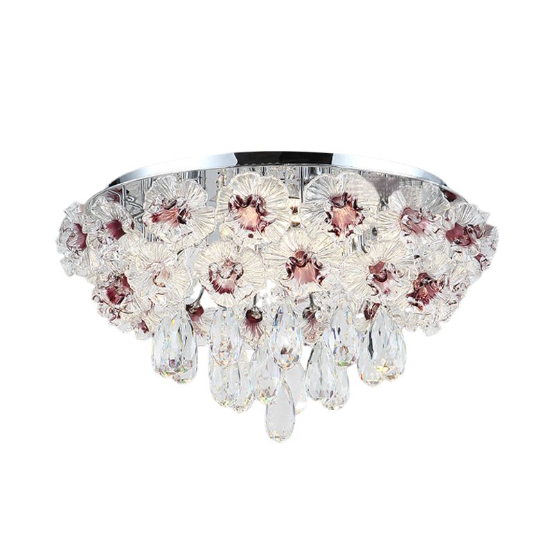 3 Lights Flushmount Lighting Contemporary Blooming Clear Crystal Flower Ceiling Lamp for Living Room