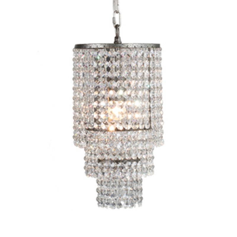 Chrome Tiered Round Chandelier Pendant Rustic Crystal Strand Living Room Hanging Light
