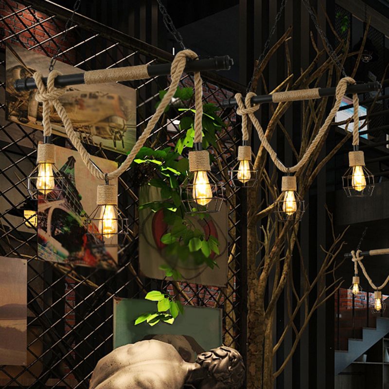 Vintage Shaded Pendant Lighting Iron Hanging Island Light with Hemp Rope in Black
