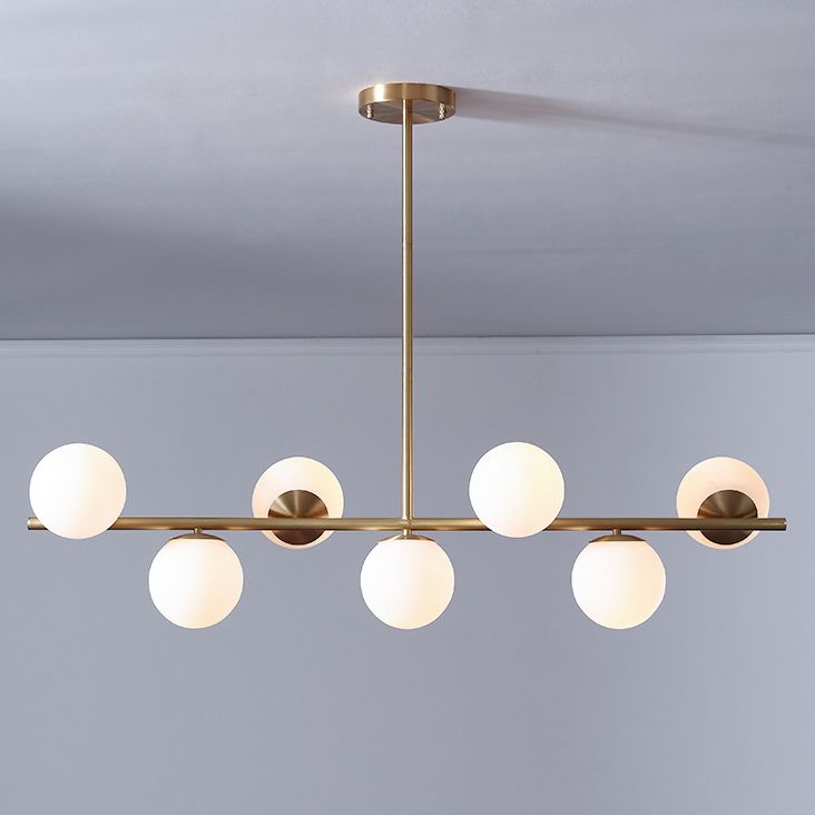 7 Light Modern Gold Metal Island Pendant Lighting Spherical White Glass Island Ceiling Light for Dining Table