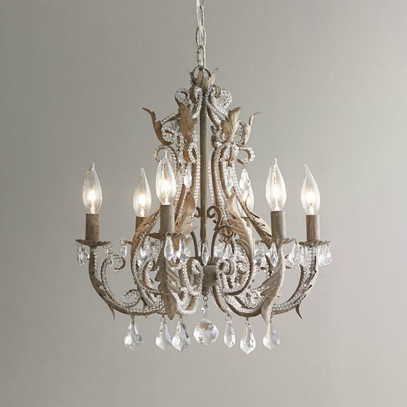 6 Bulbs Suspension Light Retro Style Candlestick Metallic Chandelier Light with Crystal Beaded Arm