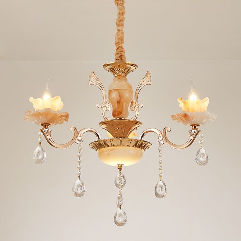 Floral Living Room Ceiling Pendant Rustic Jade Gold Chandelier Lighting Fixture with Crystal Draping