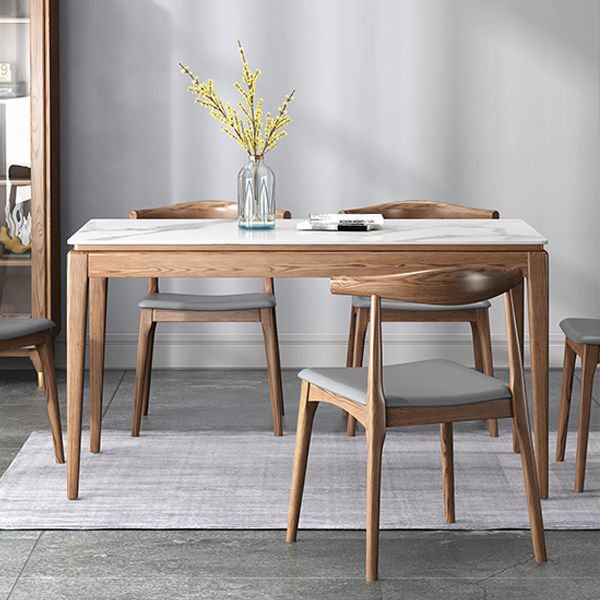 Mesa de comedor rectangular moderna de mediados de siglo, mesa de piedra sinterizada con base de madera de 4 patas