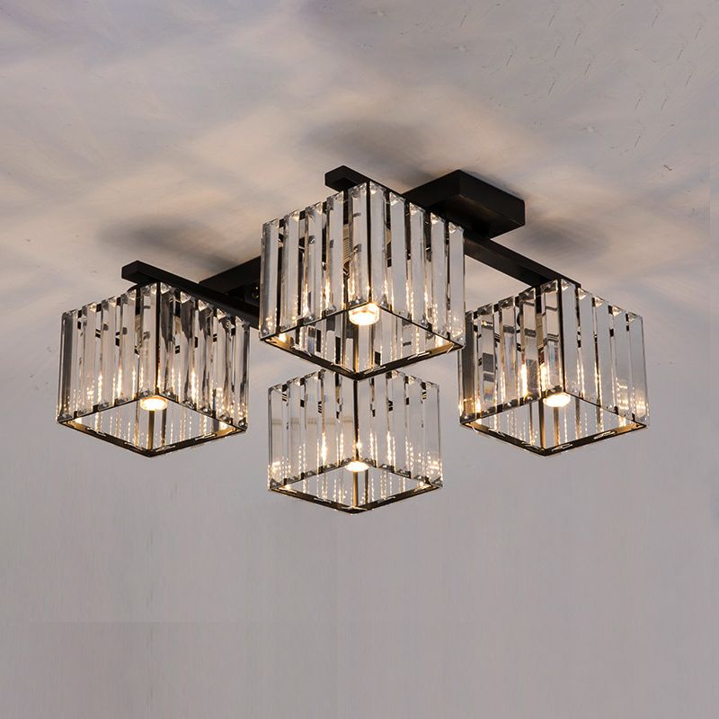 Accesorio de techo para sala de estar, barra de cristal de tres lados, cuadrado moderno, semiempotrado, 4/6/9 luces, en dorado/negro