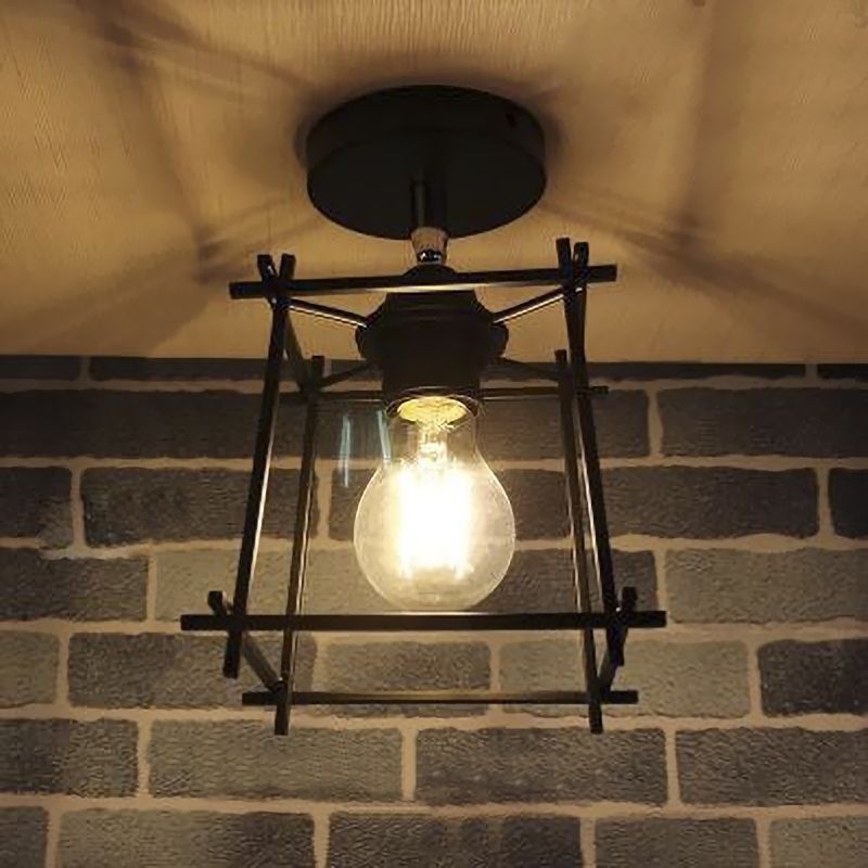 Cubic Metal Semi-Flush Ceiling Fixture with Wire Guard Industrial 1 Head Bedroom Rotatable Semi Flush Mount Lighting in Black/White