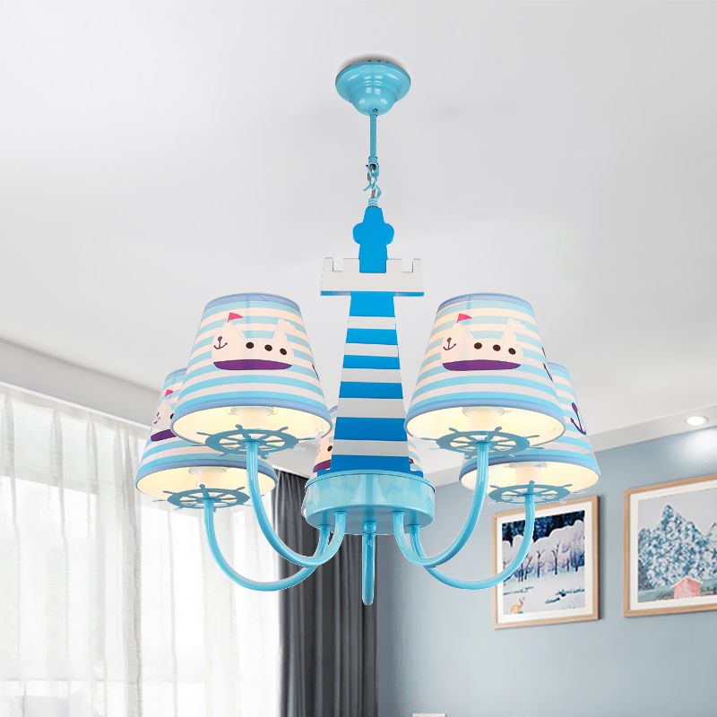Mediterranean Tapered Fabric Chandelier 5 Bulbs Ceiling Pendant Light in Blue with Boat Pattern