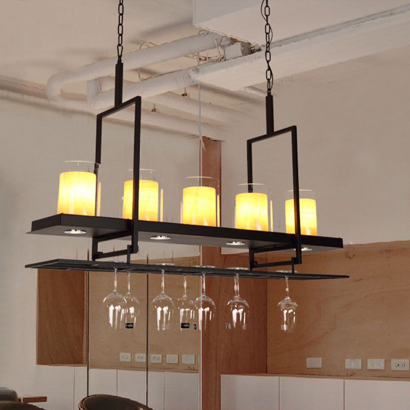 3/5 Heads Cylinder Island Light Traditional Black Marble Pendant Lighting Fixture with Metal Wine Glass Rack