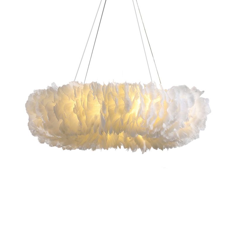 Loop Bedroom Ceiling Chandelier Fabric 3/6-Light Modernism Feather Suspended Pendant Lamp in White/Grey/Pink