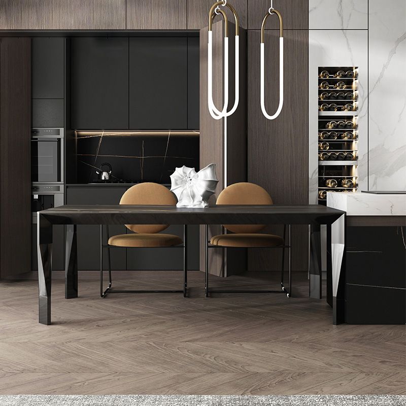 Rectangular Black Stone Table Top Dining Table with 4 Foot Metal Base