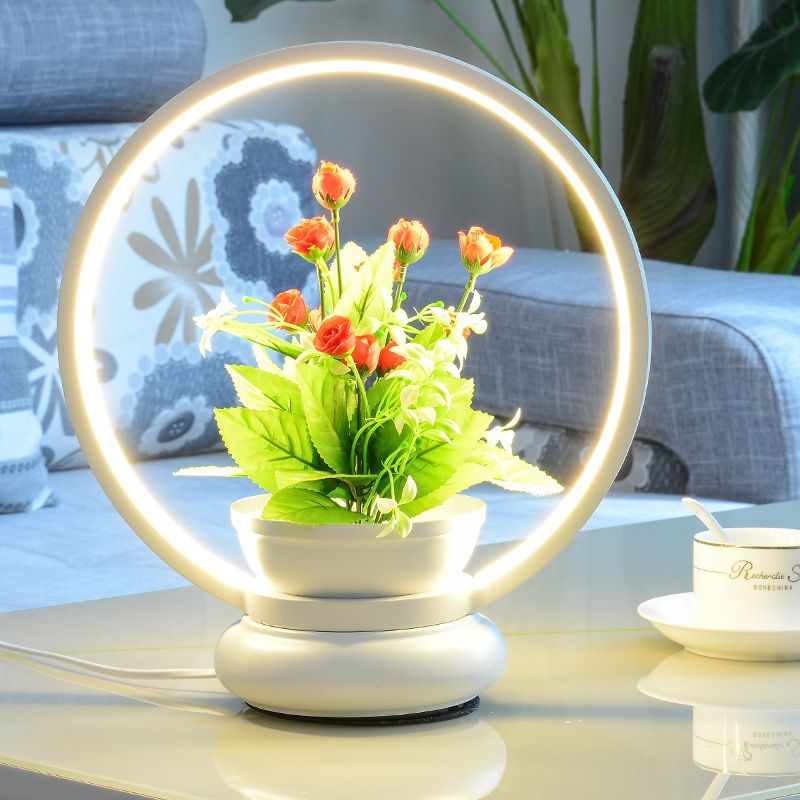 Ronde/vierkante slaapkamer Tafellicht Industrieel metalen LED Zwart/Wit Nachtlamp met plantendecoratie, warm/wit licht