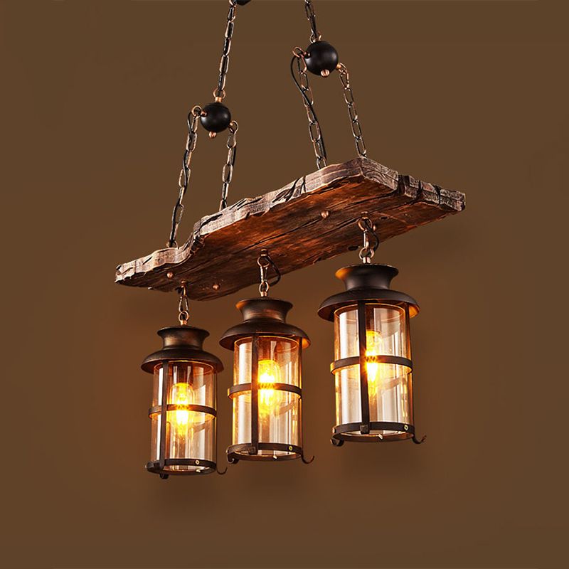 Rectangular Shape Pendant Light Industrial Style Wood 3 Lights Pendant Light in Brown