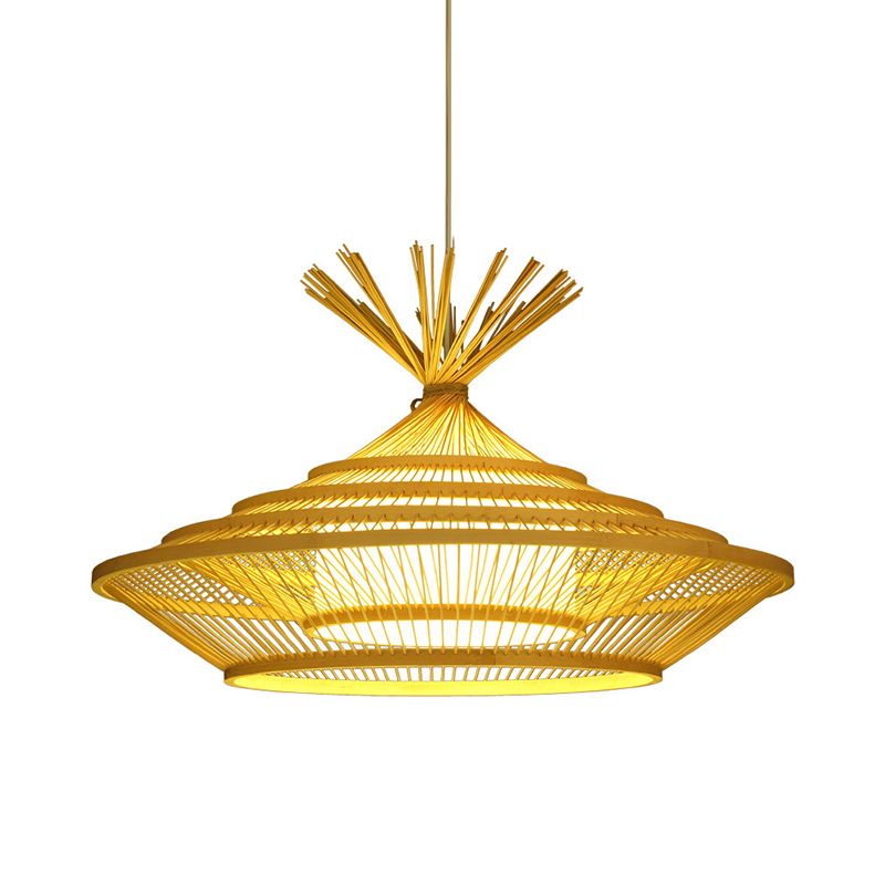 Lámpara colgante de restaurante chino de 1 luces Asia beige Luz colgante con jaula de urna escalonada y sombra de barril interno