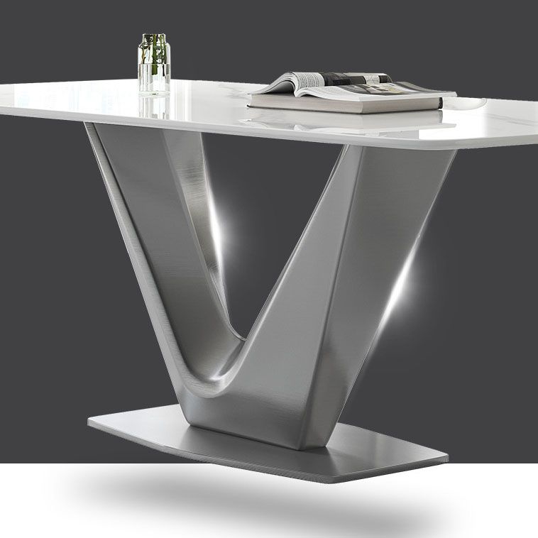 Grey Metal Pedestal Base Table Rectangle Sintered Stone Top Dining Table