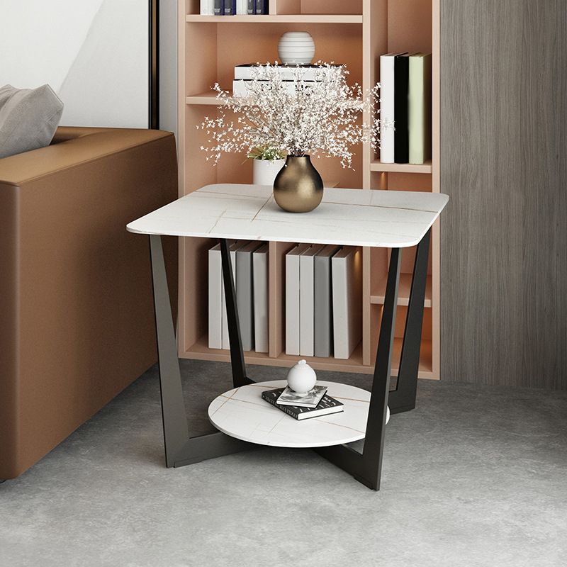 Square Marble Top End Table Metal Frame Sofa Side End Table with Shelf