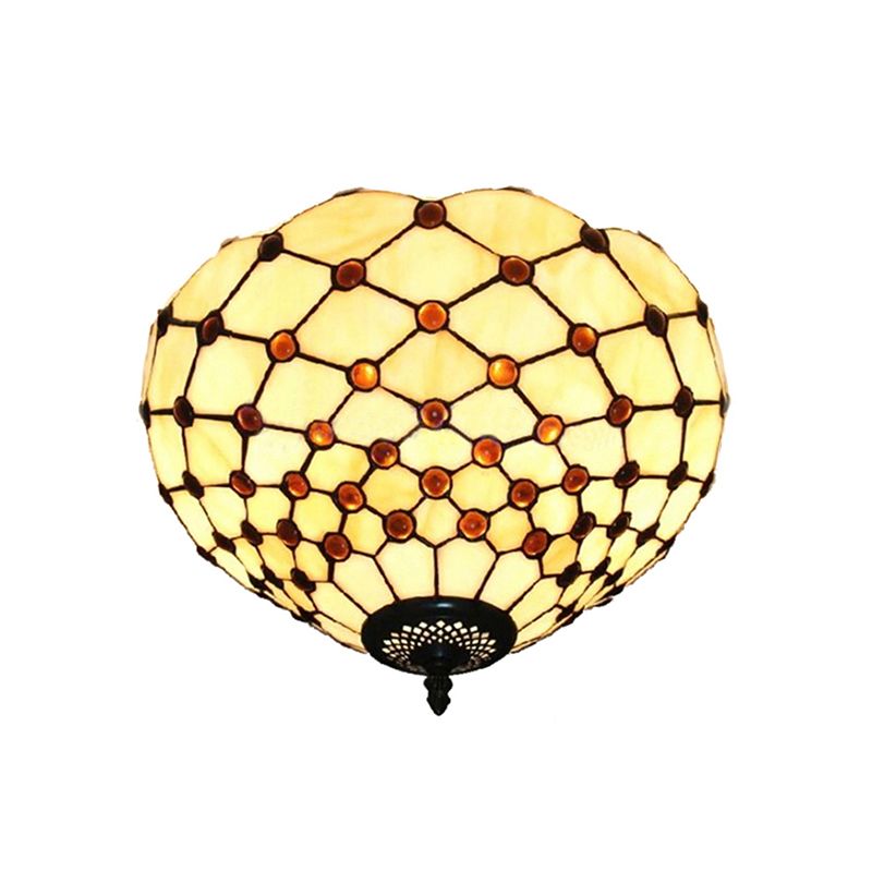 Beige / Black Bowl-Shaped Ceiling Light Fixture Tiffany Stained Glass 1/2 Lights Flushmount Ceiling Light