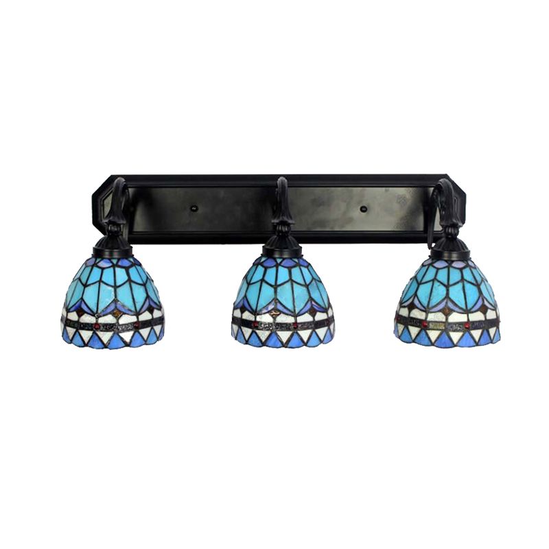 3 Heads Bowl Wall Mount Light Baroque Style Stained Glass Bathroom Vanity Light in Black Finish
