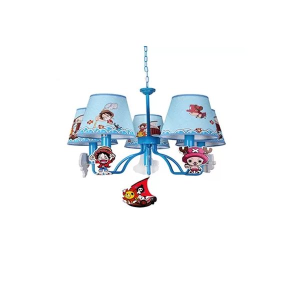 Cartoon Pirate Chandelier with Tapered Shade Metal 5 Heads Blue Pendant Light for Boys Bedroom