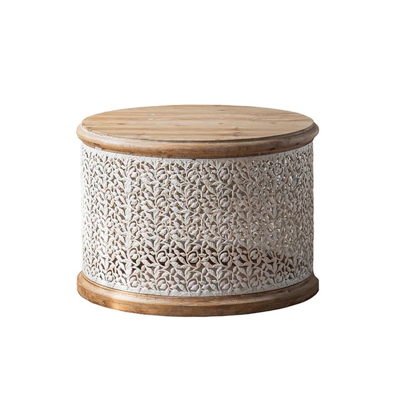 French Country Wood Round Tray Coffee Table Iron Drum Cocktail Table