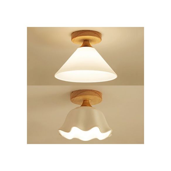 Cône d'abat-jour blanc/plafonnier festonné avec auvent en bois, plafonnier en verre moderne à une lumière pour Foyer