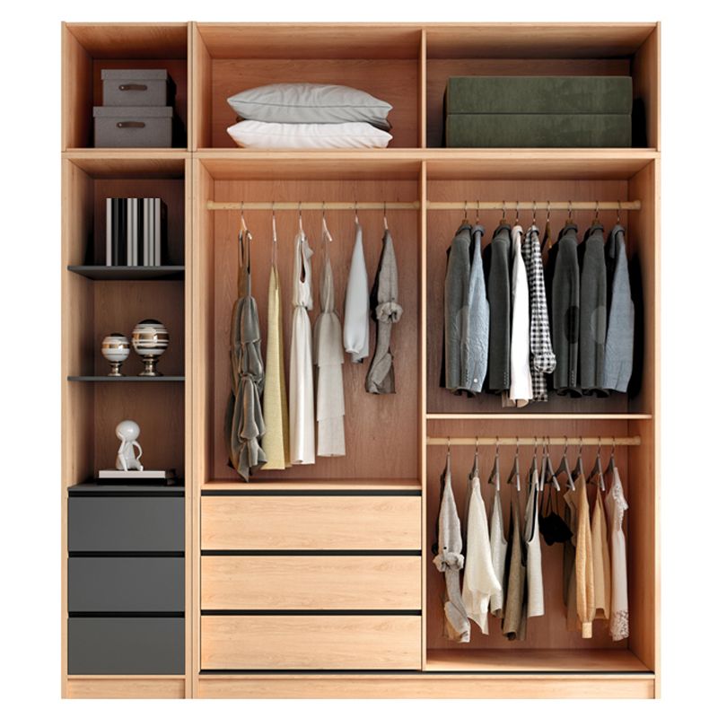 Contemporary Glass Sliding Doors Wardrobe Natural Wood Wardrobe with Drawers