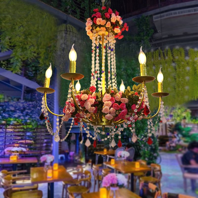 6 lumières du plafond en métal Chandelier rétro Gold Candle restaurant LED Flower Down Lighting avec accent en cristal
