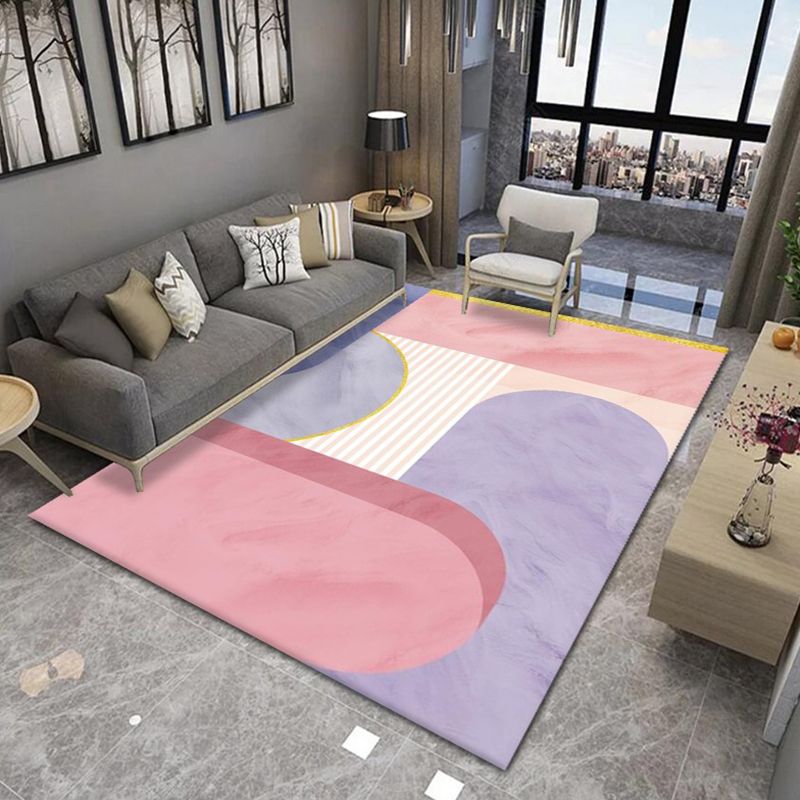 Nordic Pink Rug Contrast Color Polyester Area Rug Washable Rug for Living Room