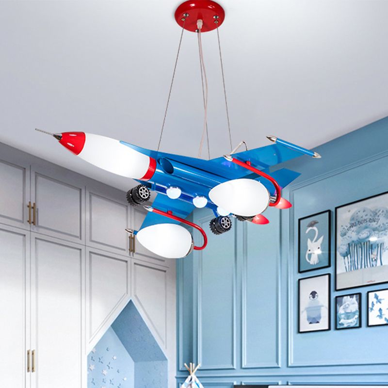 Jet Airliner LED Pendant Chandelier Cartoon Opaline Glass Baby Boys Room Ceiling Suspension Lamp in Blue