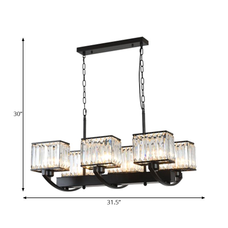 6/8 Bulbs Rectangle Chandelier Light Contemporary Crystal Hanging Lamp in Black with Adjustable Chain