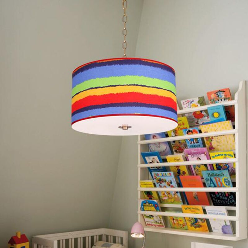 Red and Blue Drum Ceiling Light Fixture Kids 1 Light Fabric Hanging Pendant Lamp for Child Bedroom