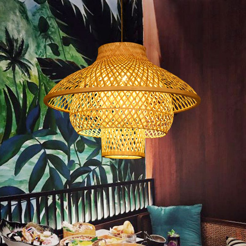 Layered Bamboo Suspension Light Simplicity 1-Light Wood Pendant Light for Restaurant