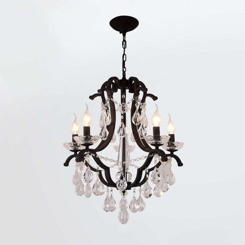 Metallic Black Pendant Chandelier Scroll Arm 5/6-Head Traditional Hanging Ceiling Light with Crystal Drop