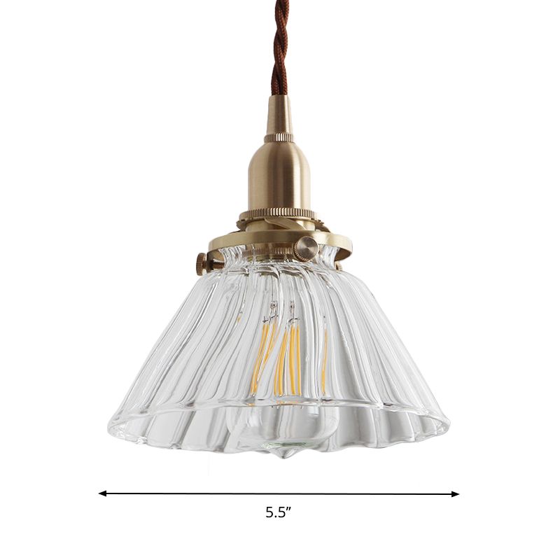 Clear Sleek/Ribbed Glass Brass Pendant Lamp Cone 1 Light Rustic Down Lighting for Dining Room