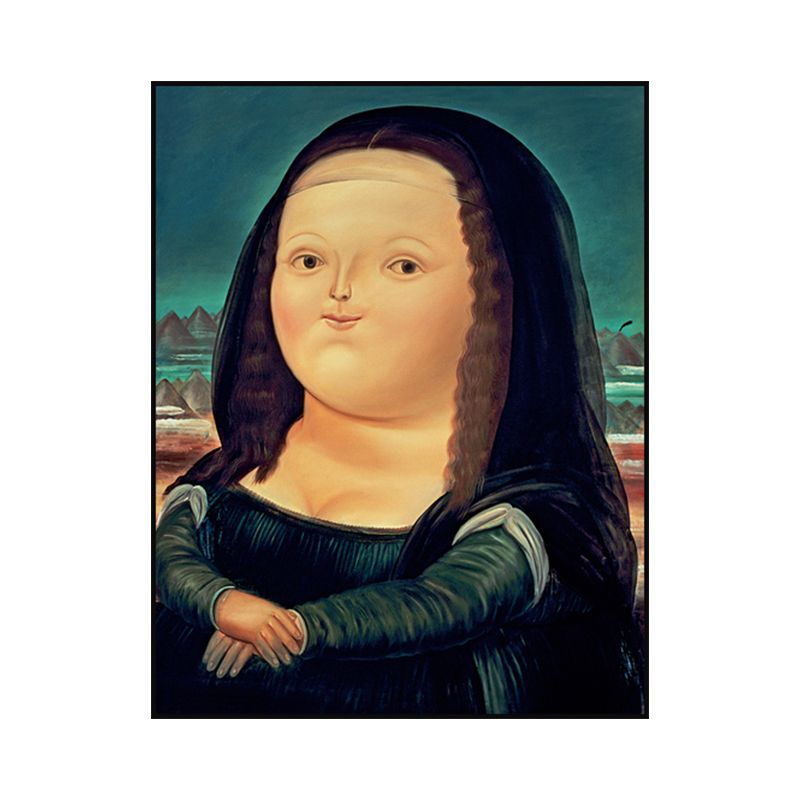 Mona Lisa Smile Canvas Art Cartoon Cute Figure Painting Wall Decor in Black and Blue