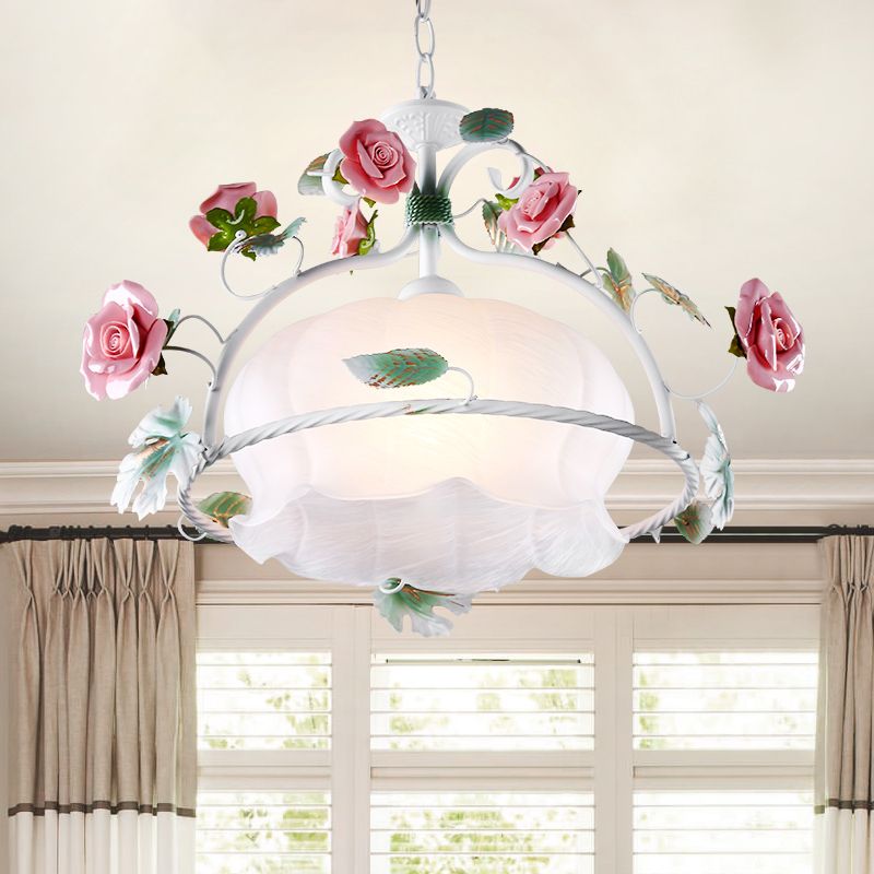 Korean Garden Floral Hanging Pendant 1 Head White Glass Down Lighting for Dining Room