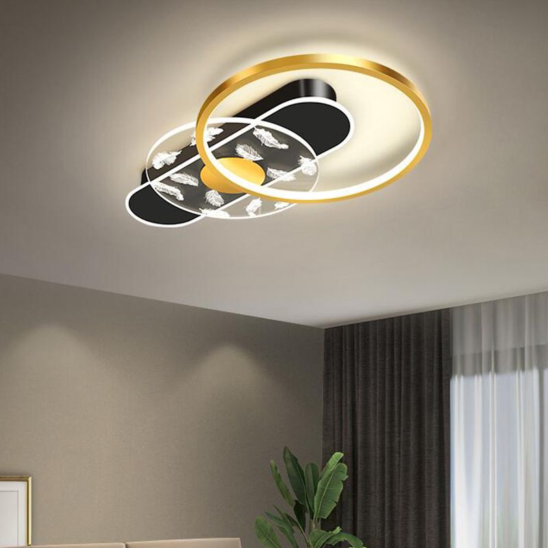 Black and Gold LED Semi Flush Mount in Modern Concise Style Circular Feather Ceiling Light with Acrylic Shade